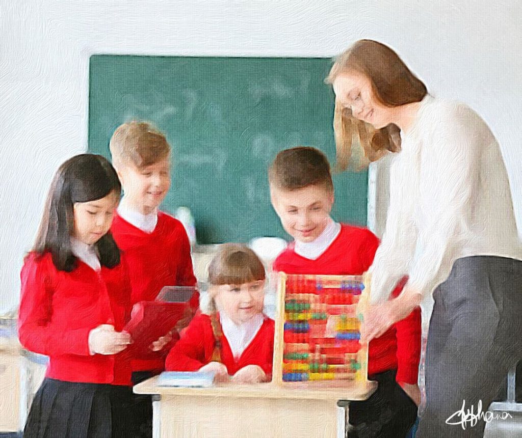 A teacher showing children an abacus